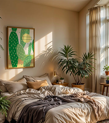 Abstract cactus art with green and yellow elements