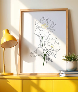 Elegante Pfingstrosen-Linienkunst mit goldenen Akzenten