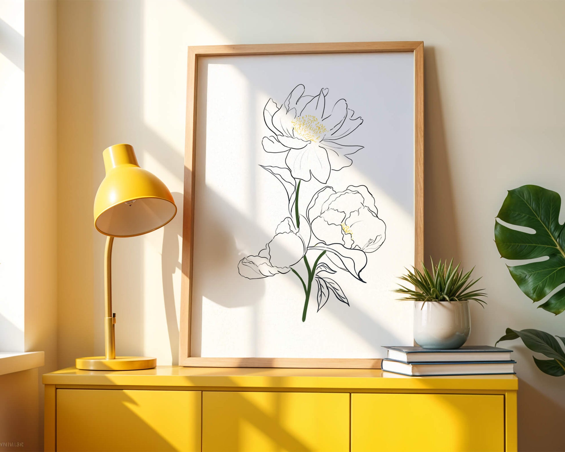 Elegante Pfingstrosen-Linienkunst mit goldenen Akzenten