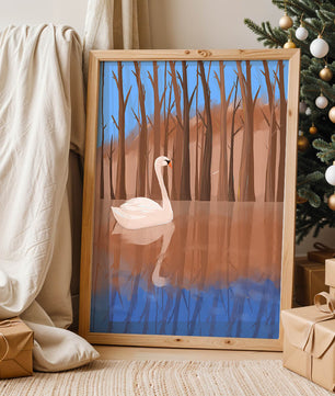 Serene swan on calm water with reflections of trees