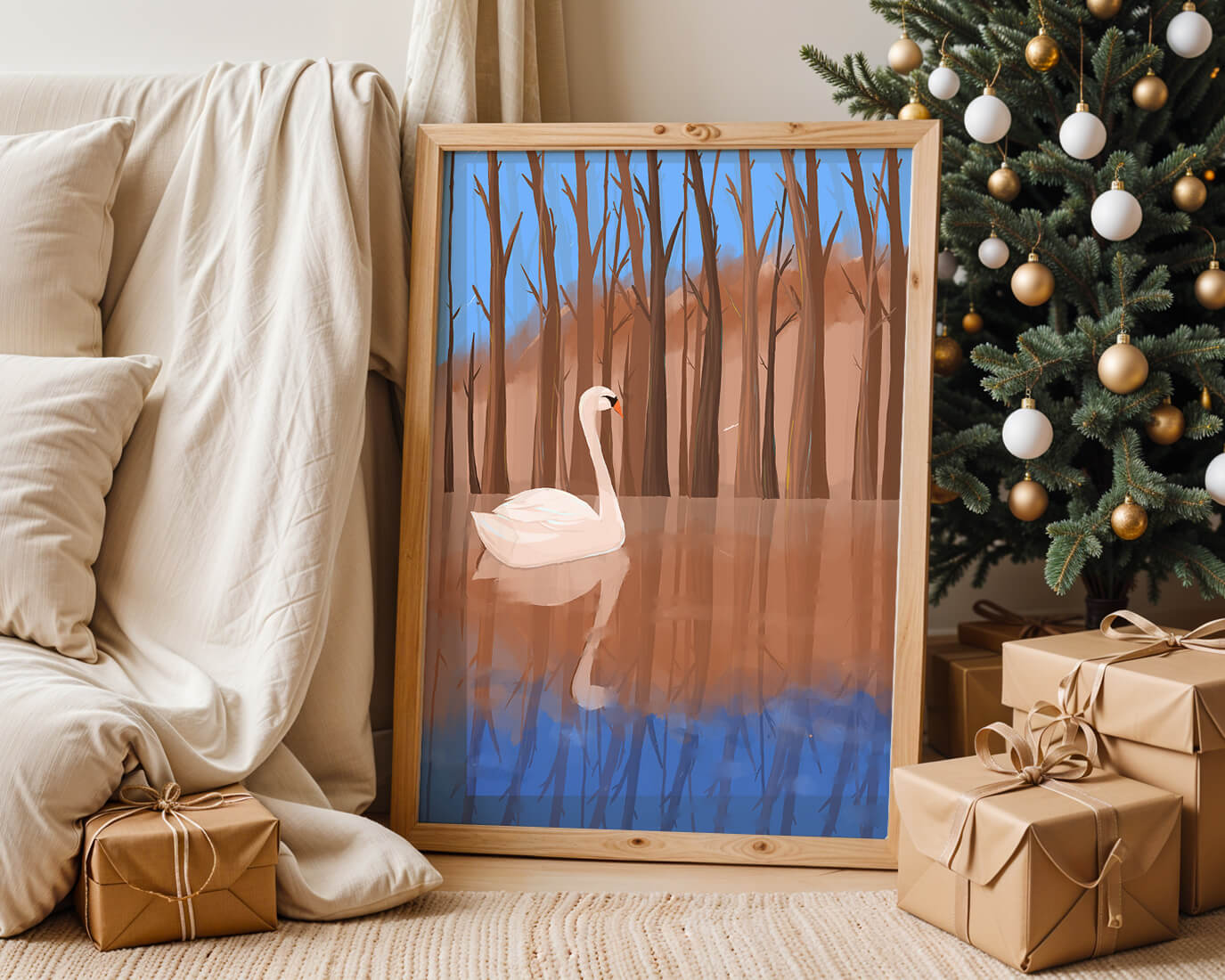 Serene swan on calm water with reflections of trees
