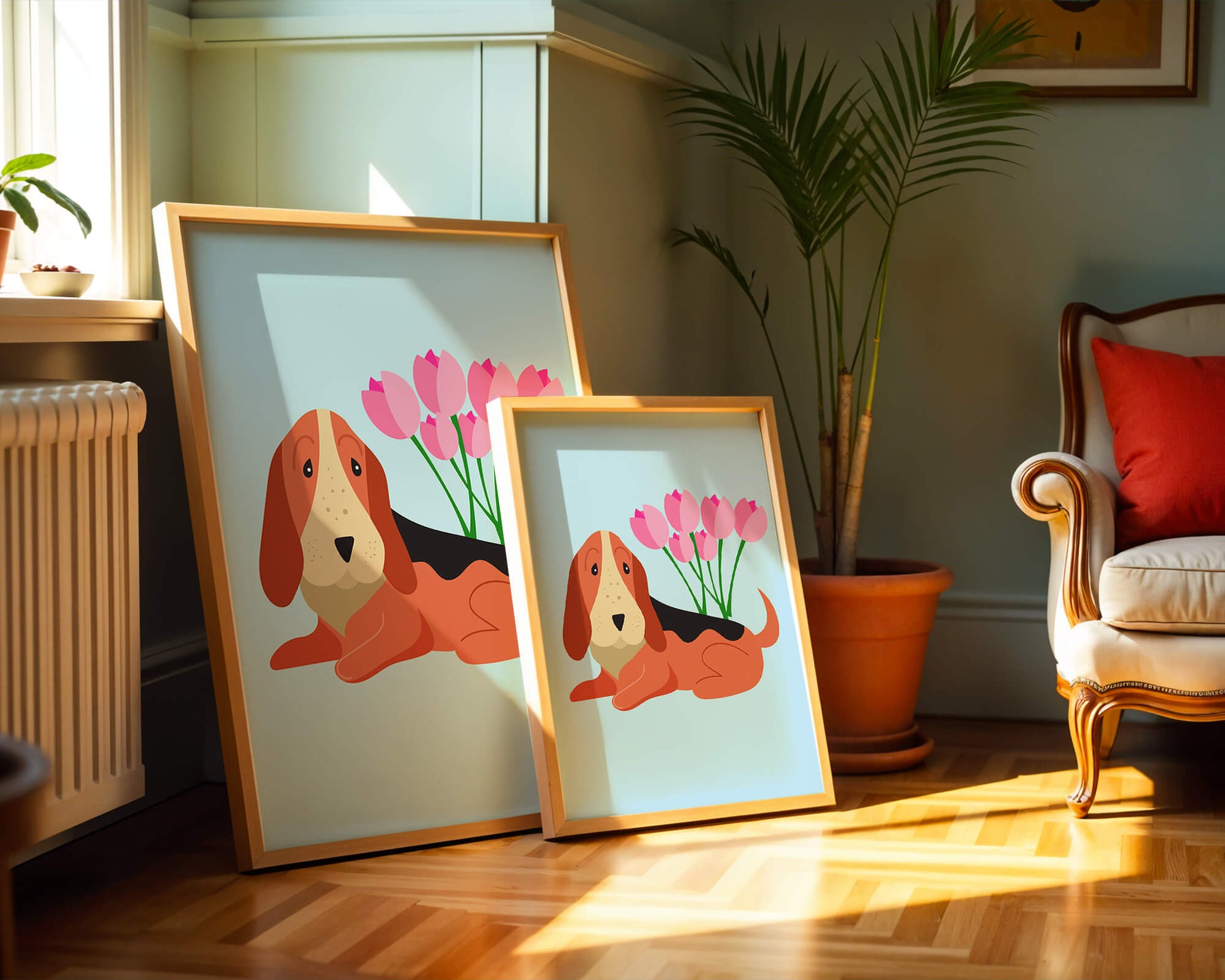 Illustration eines Basset Hound mit rosa Blumen auf hellblauem Hintergrund