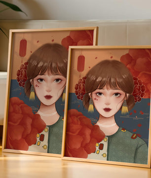 Digital art of a girl with floral and lantern elements