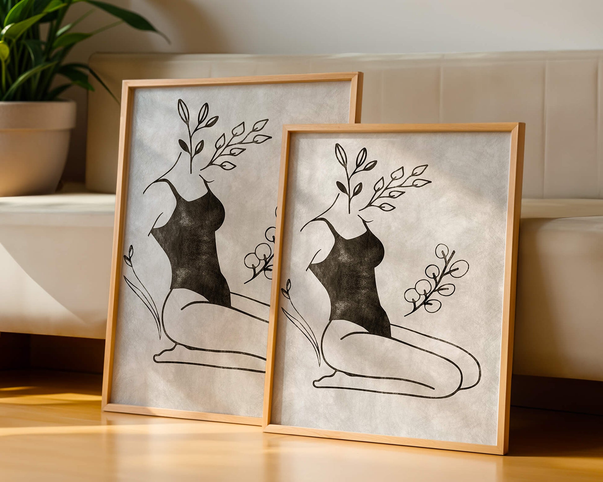 Mujer abstracta con elementos botánicos en estilo minimalista