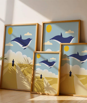 Surreal Landscape with Flying Blue Whale and Human on Desert Path