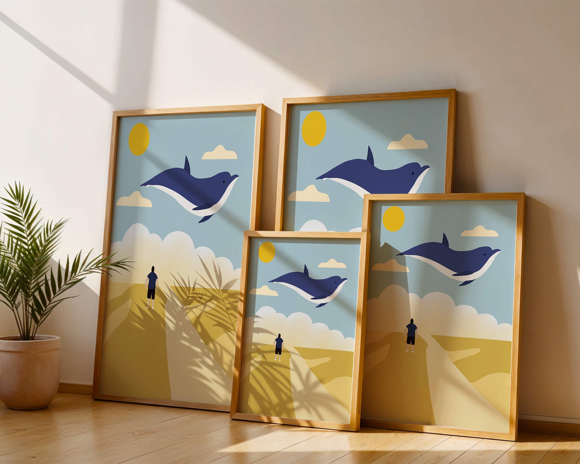 Paisaje surrealista con ballena azul voladora y humano en camino desértico