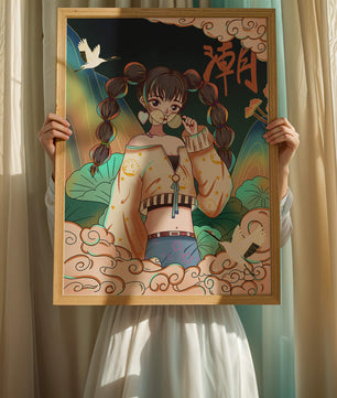 Anime girl with glasses surrounded by nature and cranes