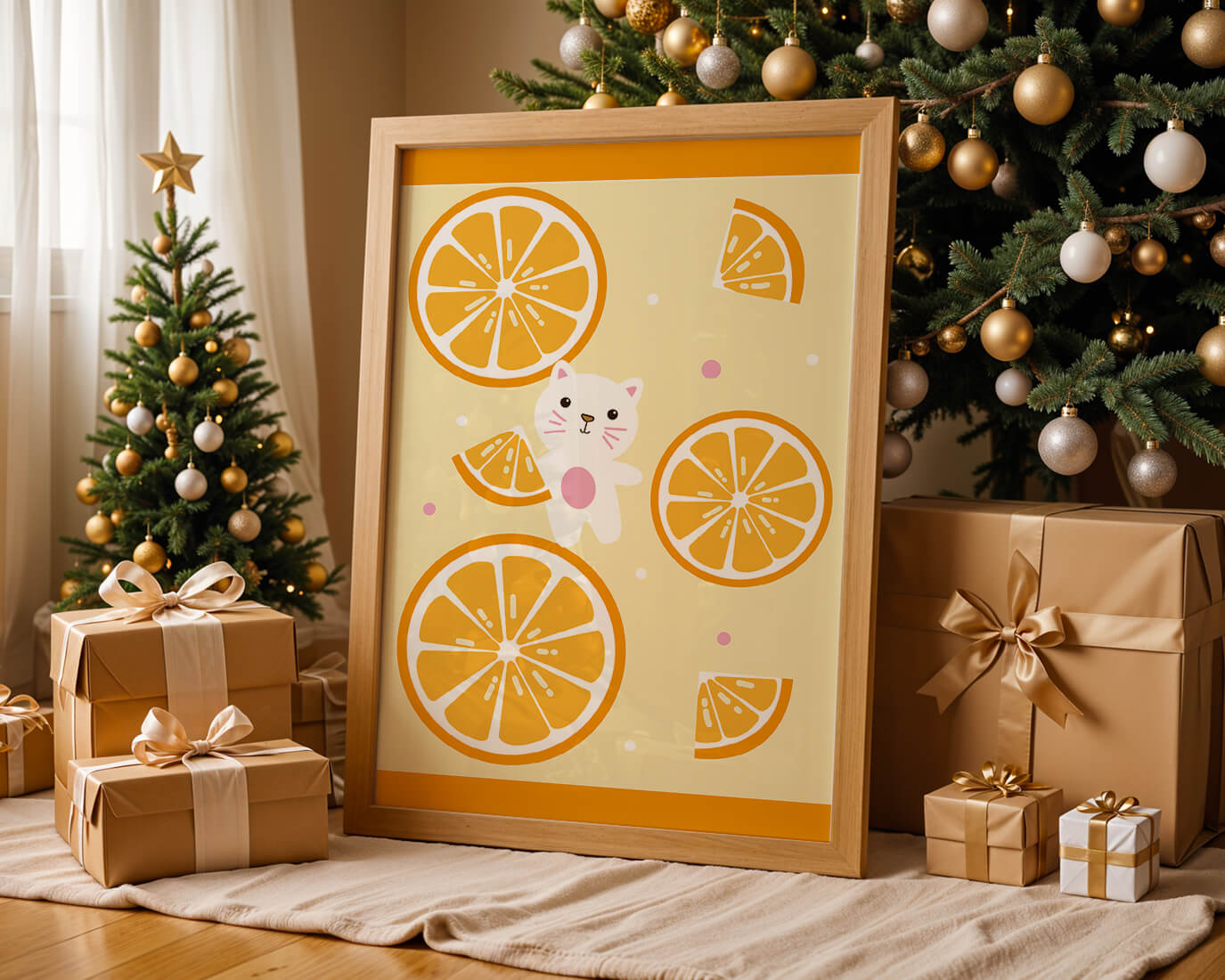 Illustration of a playful cat with orange slices on a colorful background