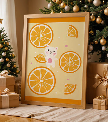 Illustration of a playful cat with orange slices on a colorful background