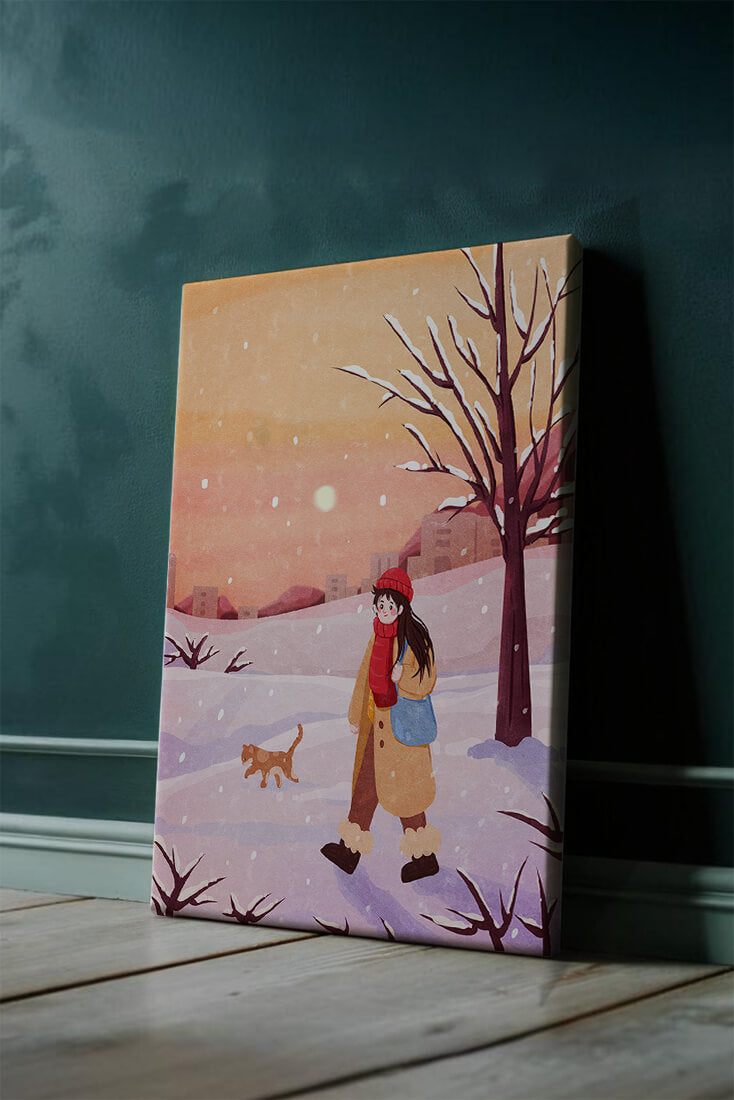 Winter sunset walk with a girl and dog in snowy landscape