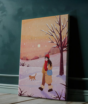 Winter sunset walk with a girl and dog in snowy landscape