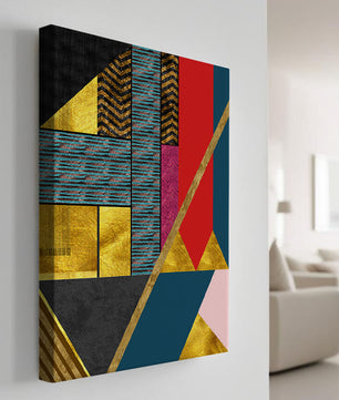 Geometric abstract art with bold colors and golden accents