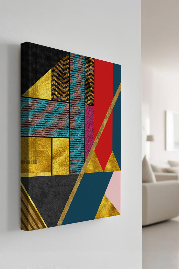 Geometric abstract art with bold colors and golden accents