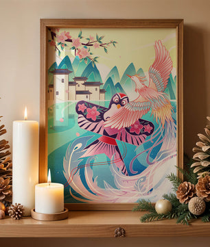 Illustration colorée d’oiseaux et de fleurs avec une architecture orientale