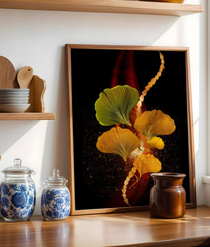 Art abstrait floral avec des feuilles de gingko dorées et un fond sombre