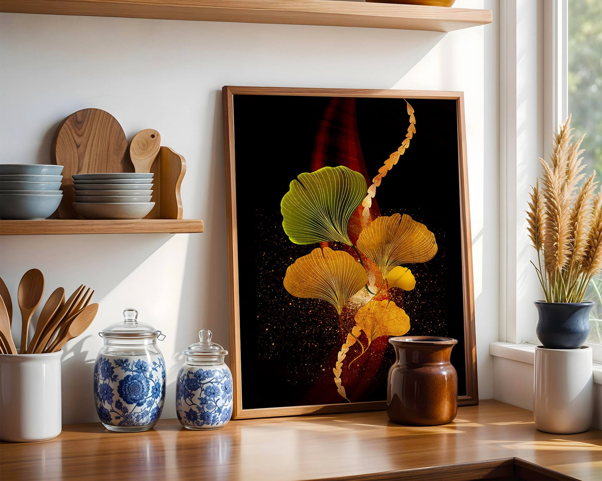 Art abstrait floral avec des feuilles de gingko dorées et un fond sombre