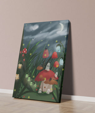 Enchanted night scene with glowing mushrooms and moonlit sky