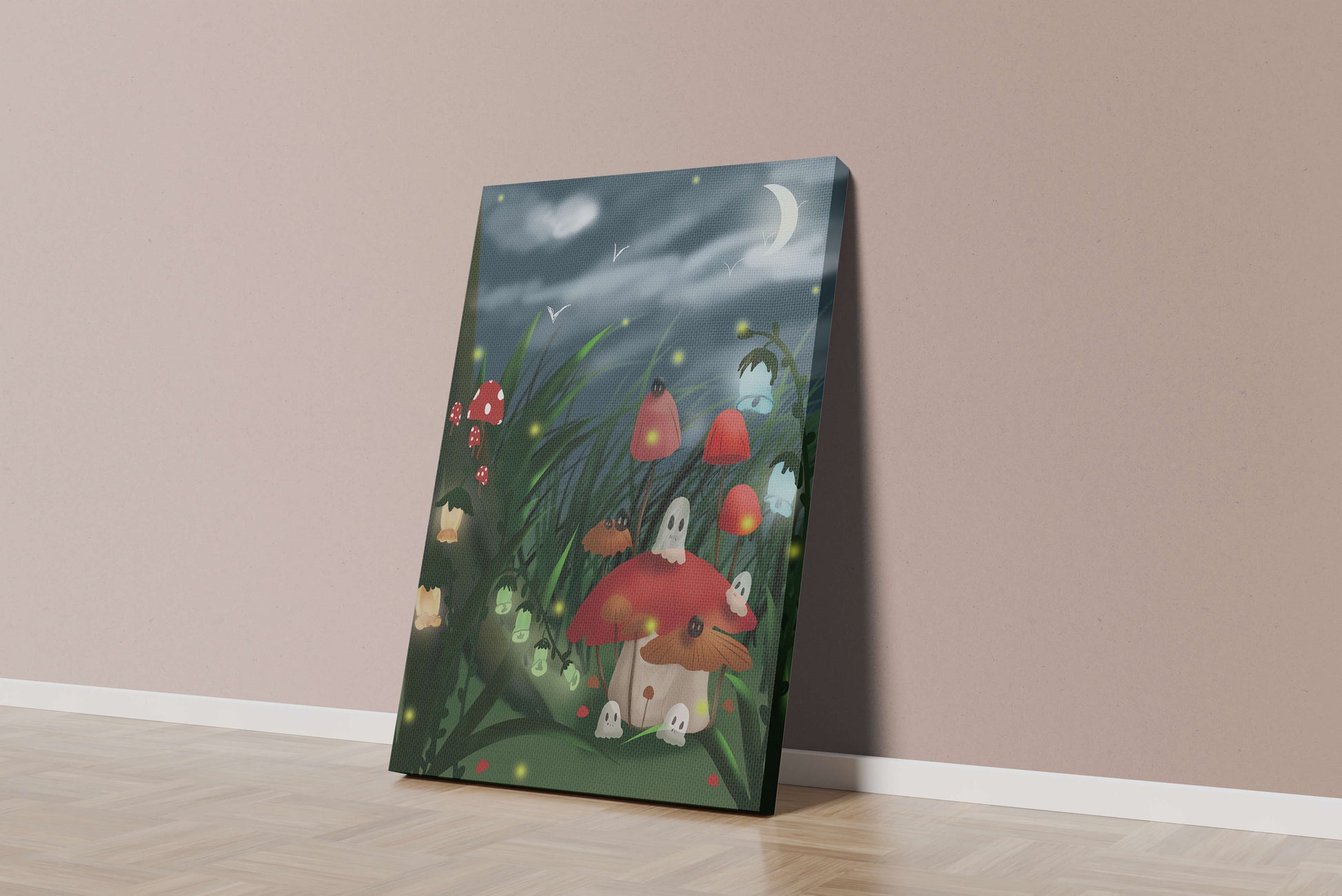 Enchanted night scene with glowing mushrooms and moonlit sky