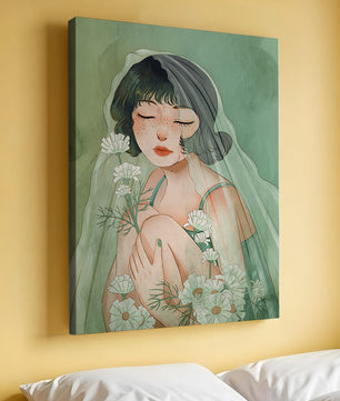 Ilustración emocional de una mujer rodeada de flores