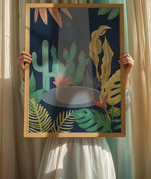 Ilustración botánica colorida con cactus y hojas tropicales
