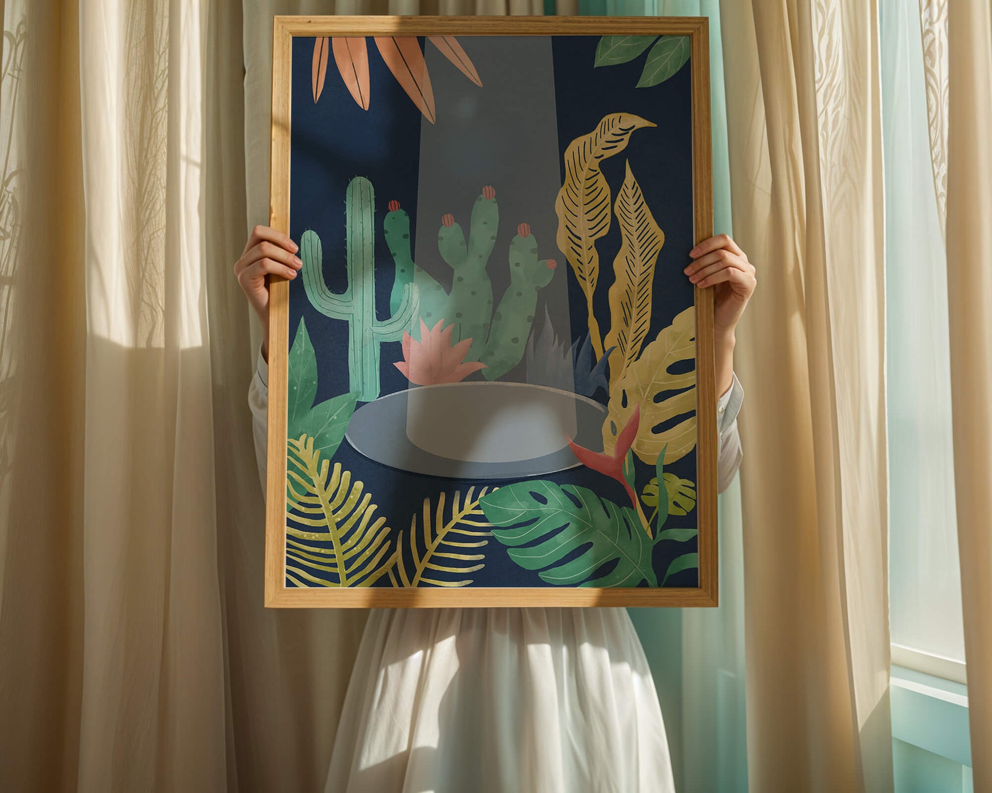 Colorful botanical illustration featuring cacti and tropical leaves