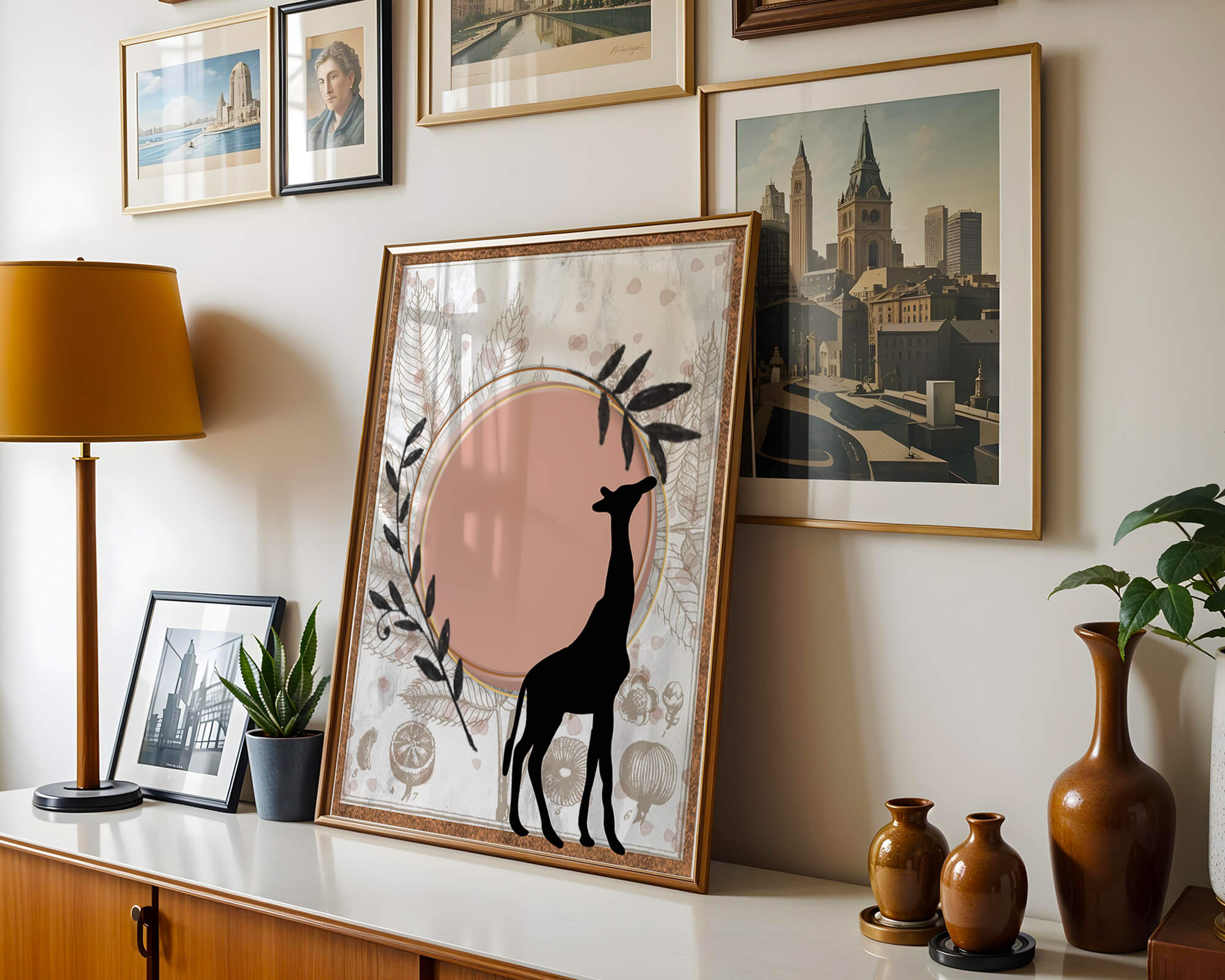 Nature-inspired artwork with giraffe silhouette and botanical elements