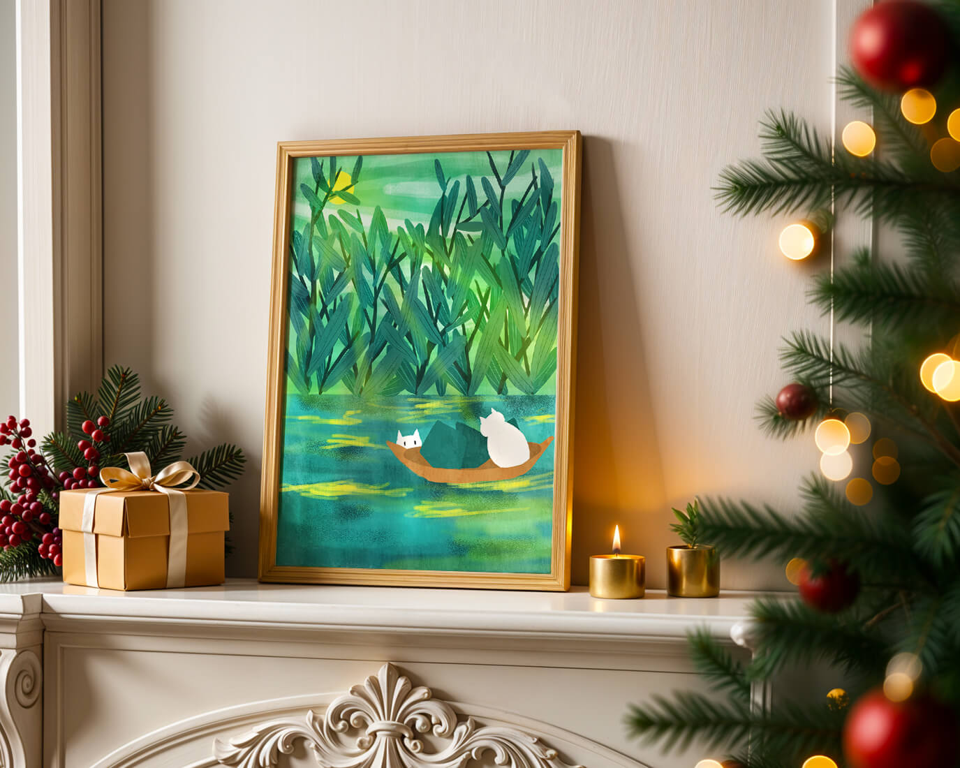 Serene landscape with cats on a boat in lush greenery
