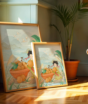 Paisaje sereno con una chica y una cesta de naranjas junto al agua