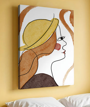 Retrato de línea moderna de una mujer con sombrero y colores vibrantes