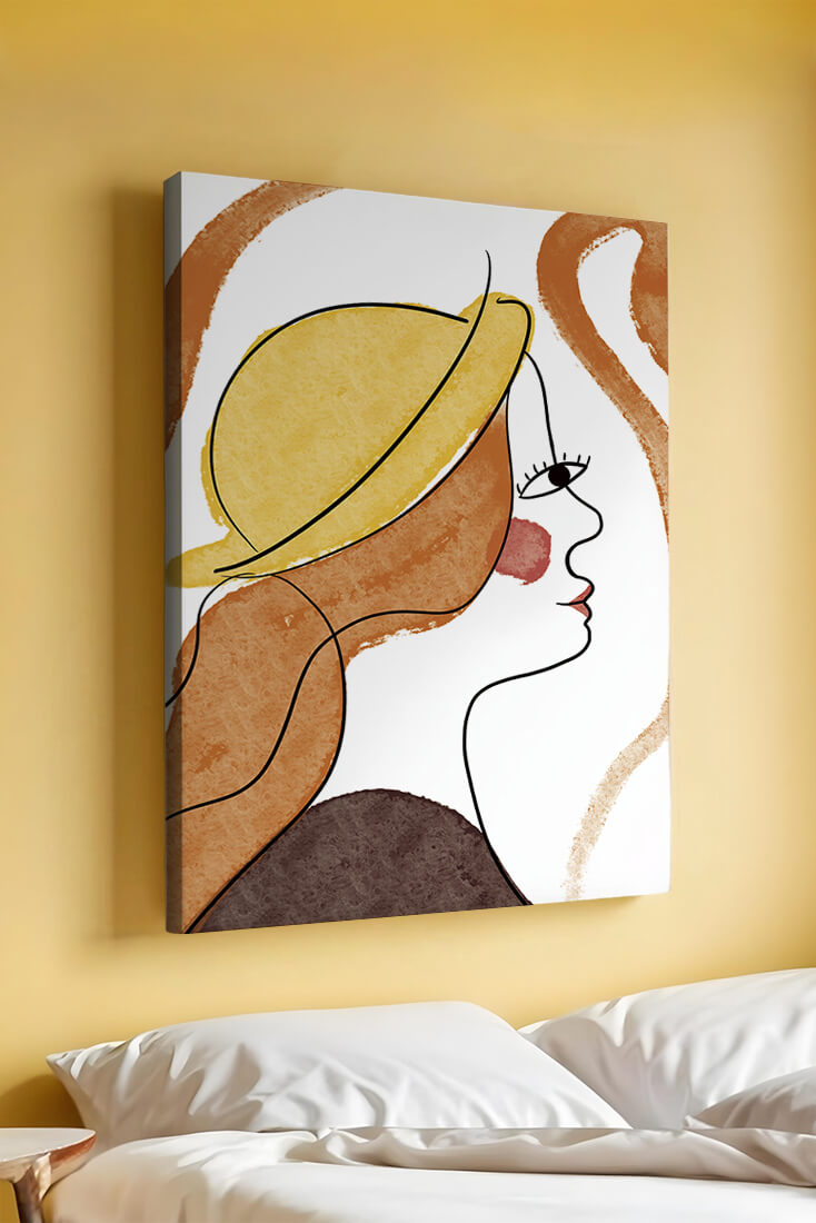 Retrato de línea moderna de una mujer con sombrero y colores vibrantes