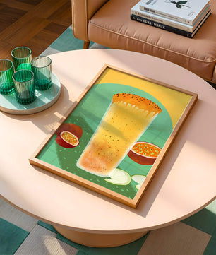 Illustrated tropical passion fruit drink with fresh slices