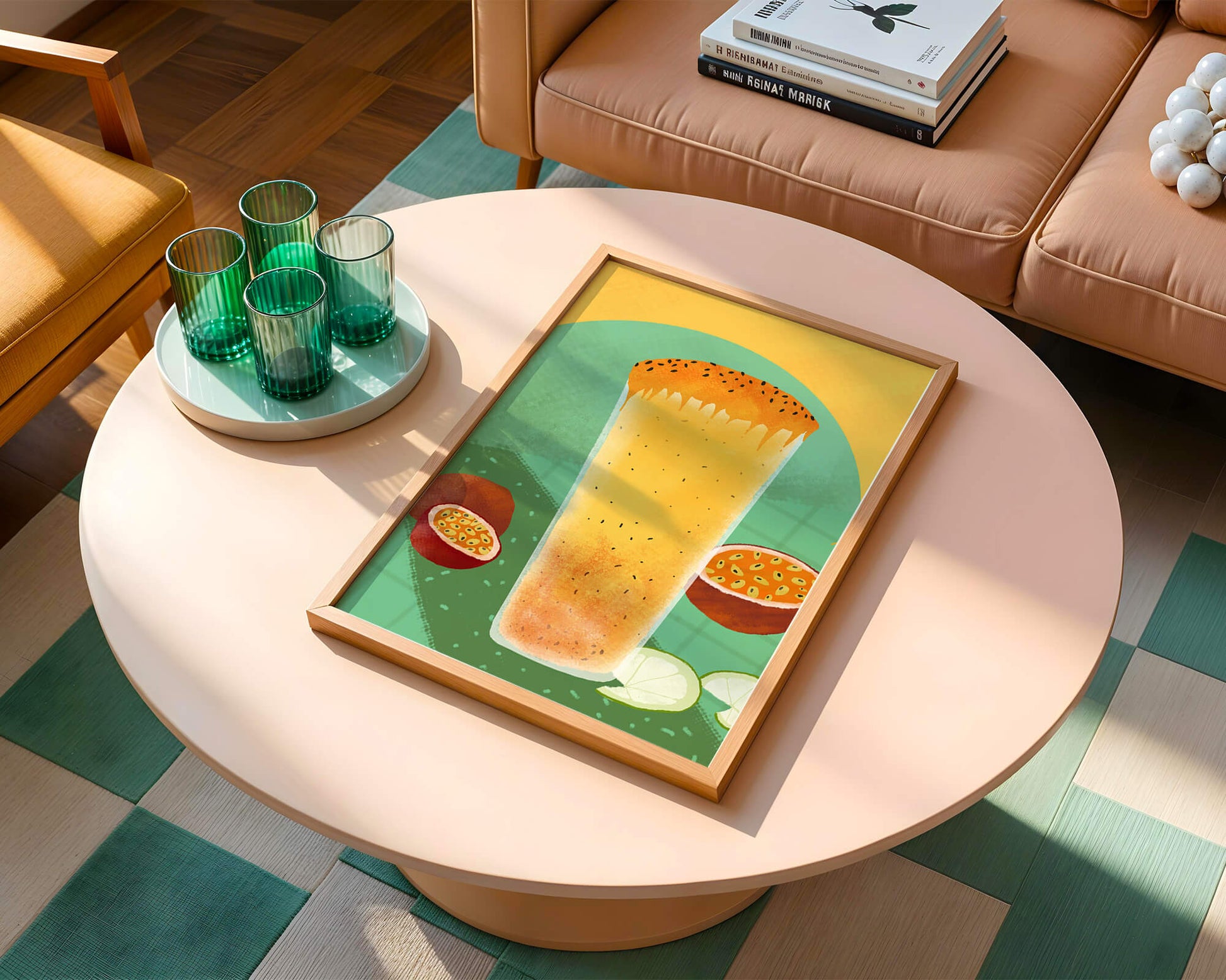 Illustrated tropical passion fruit drink with fresh slices