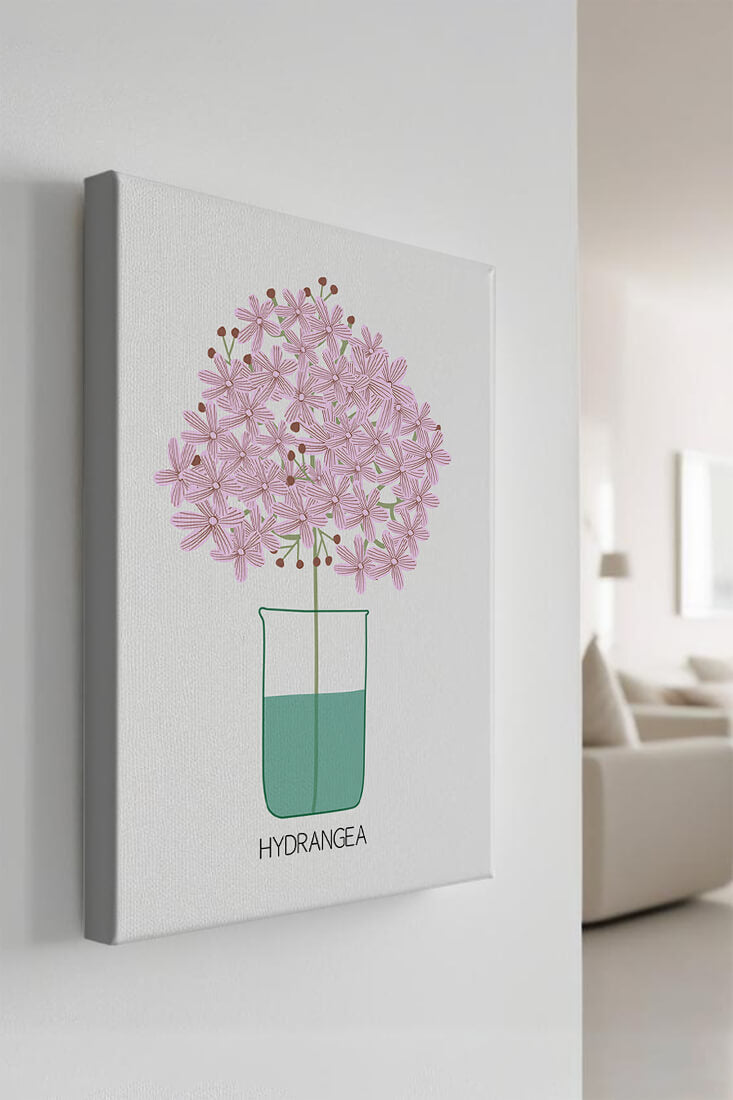 Illustration von Hortensienblüten in einer Vase mit eleganter Linienkunst
