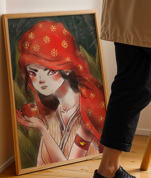 Illustration d'une fille en capuchon rouge tenant une pomme dans une forêt