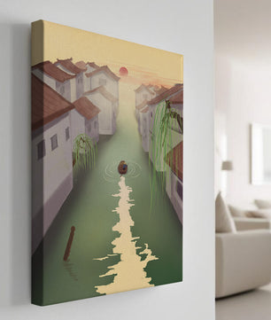 Escena de río tranquilo con arquitectura tradicional y atardecer