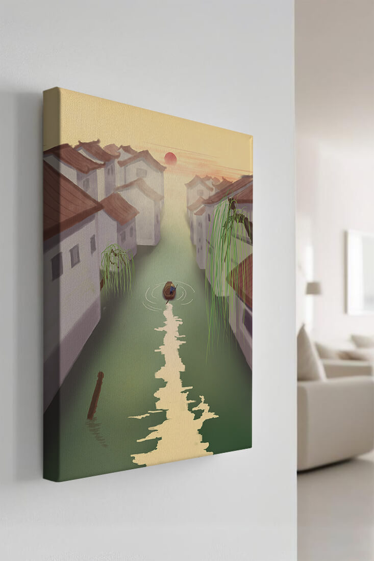 Tranquil river scene with traditional architecture and sunset