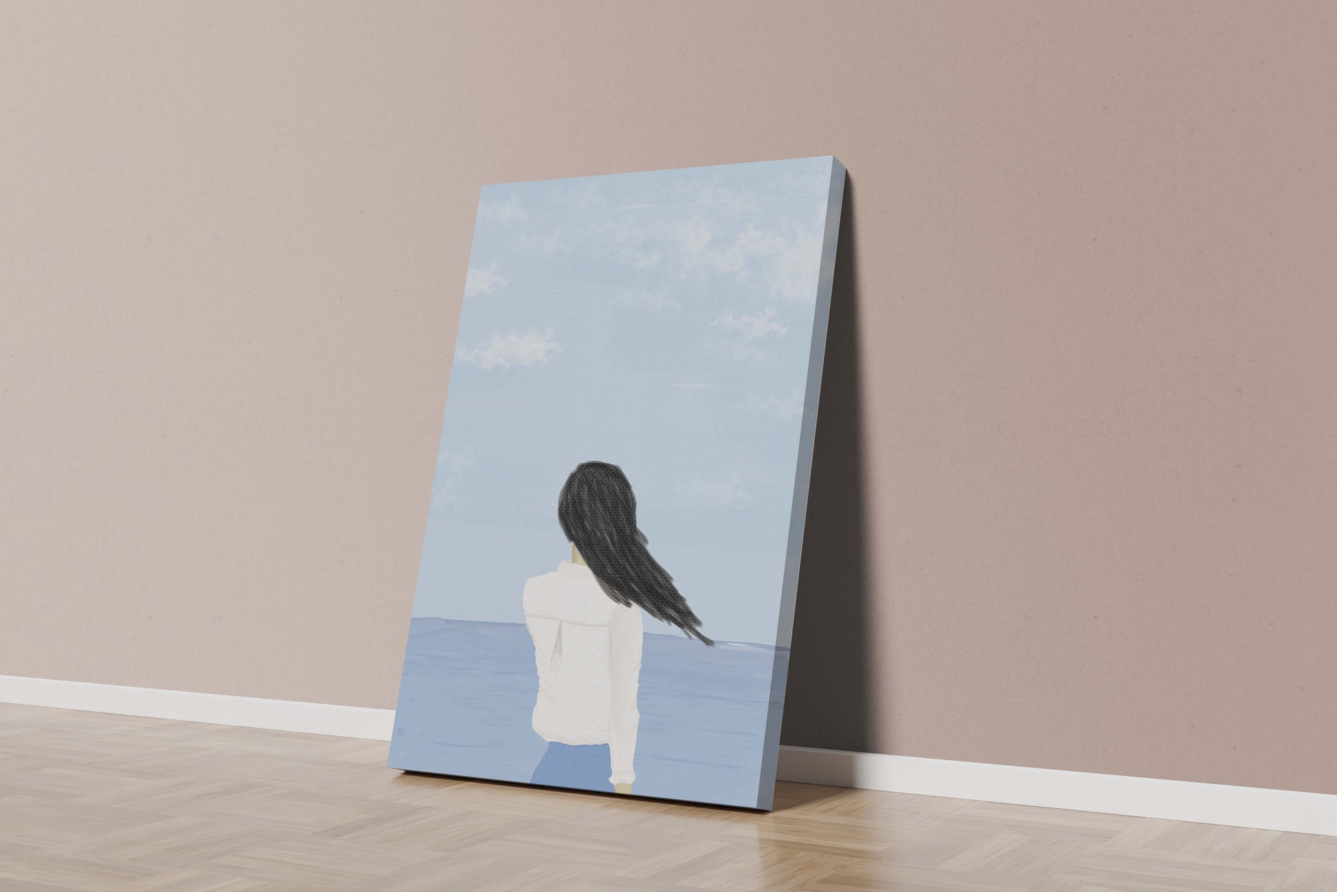 Woman gazing at the ocean with blue sky and clouds
