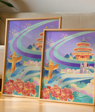 Colorful futuristic landscape with traditional Chinese architecture and high-speed train