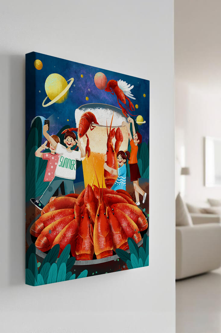 Fantasy illustration with cosmic lobsters and friends enjoying a summer feast