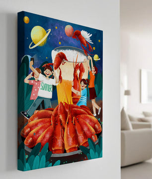 Ilustración de fantasía con langostas cósmicas y amigos disfrutando de un banquete de verano