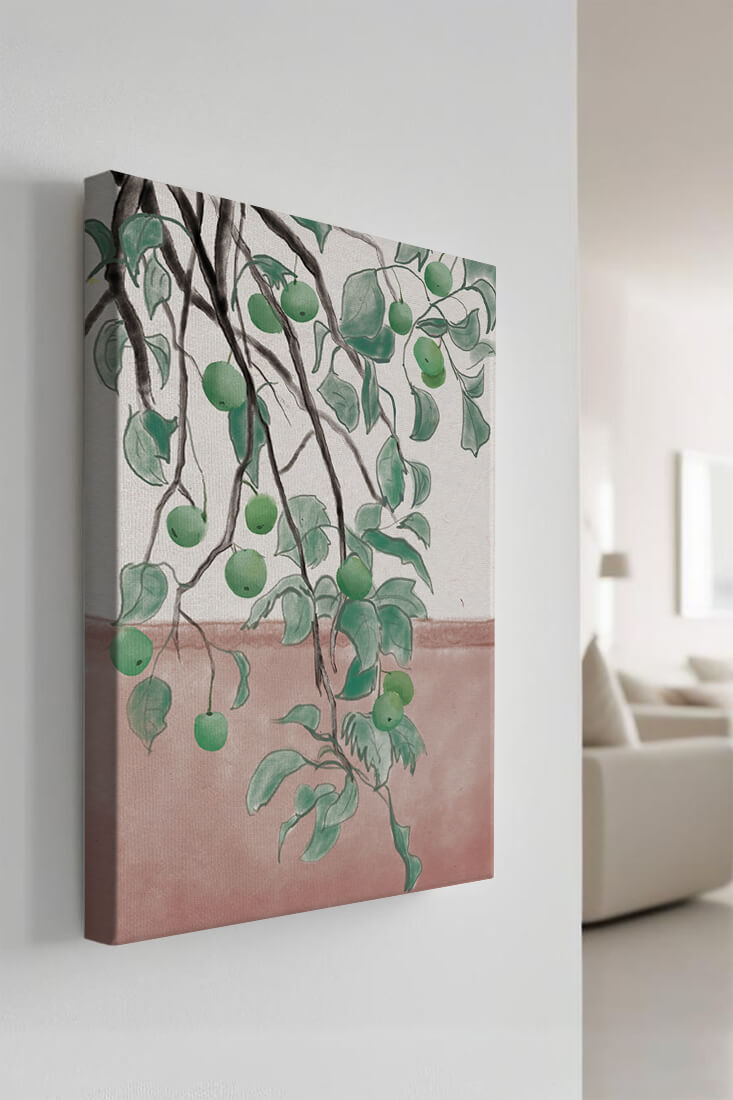 Branches With Green Apples And Leaves Over Pink Background