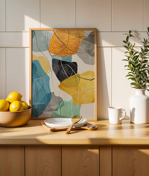 Abstrakte geometrische Kunst mit goldenen Akzenten und leuchtenden Farben