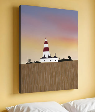 Lighthouse at Dusk with Colorful Sky and Field Landscape