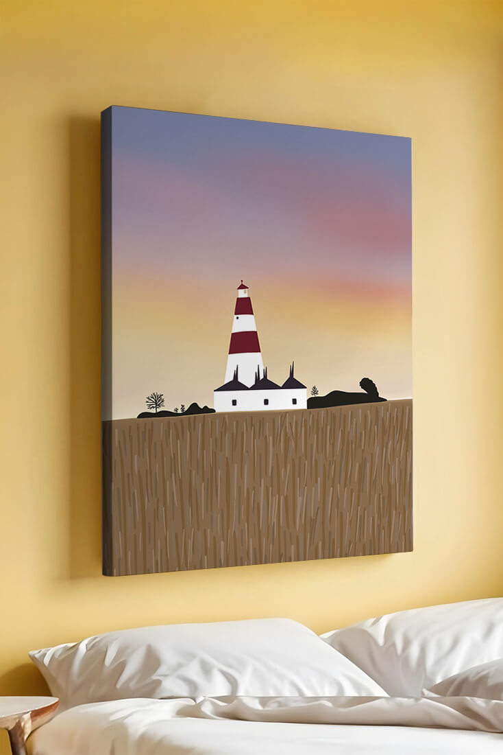 Lighthouse at Dusk with Colorful Sky and Field Landscape