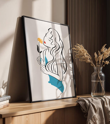 Stylized illustration of a woman with a flower and abstract elements