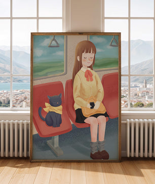 Viaje en tren tranquilo con una chica y su gato ilustrado