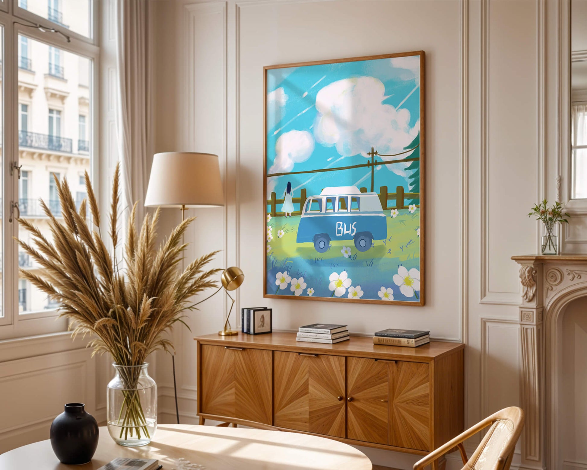 Ilustración escénica con autobús azul y prado en flor