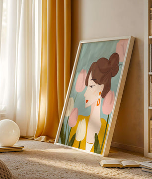 Serene woman surrounded by pastel tulips illustration