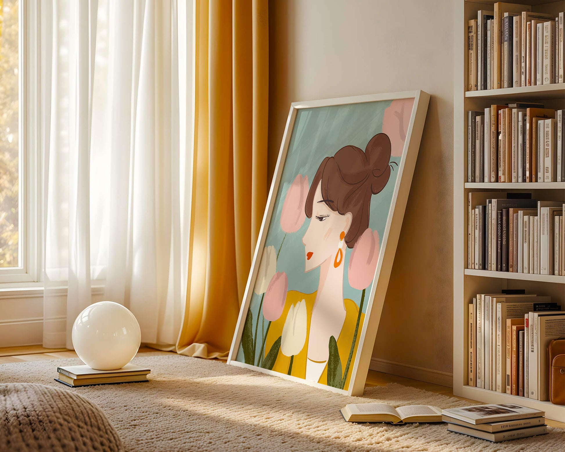 Serene woman surrounded by pastel tulips illustration