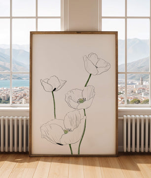 Zarte florale Linienzeichnung mit weißen Mohnblumen auf sauberem Hintergrund